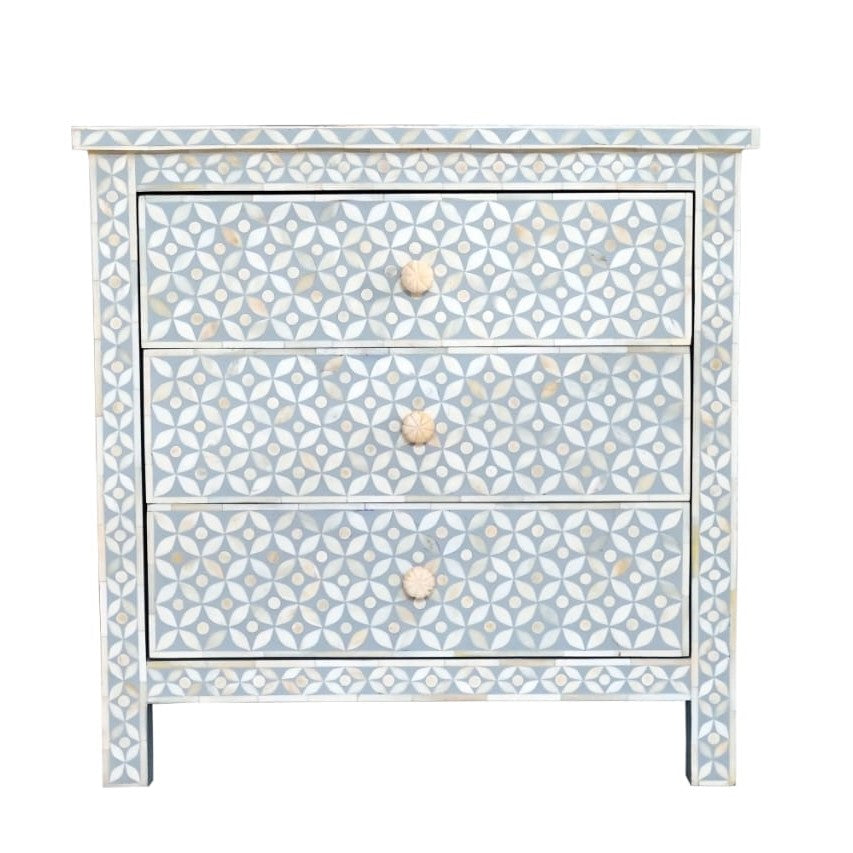 Bone Inlay Wide 3 Drawer Bedside Chest in Celtic Grey - Warehouse Sale