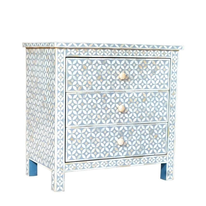 Bone Inlay Wide 3 Drawer Bedside Chest in Celtic Grey - Warehouse Sale