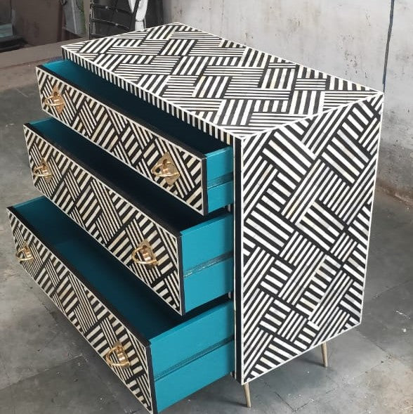 Bone Inlay 3 Drawer Chest in Wallpaper/Black