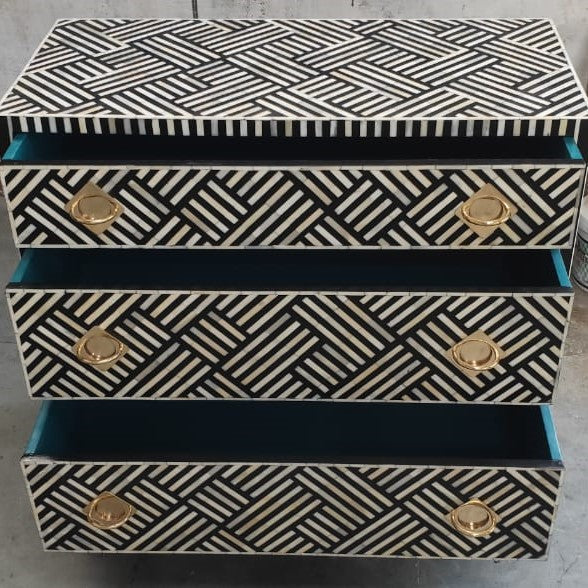 Bone Inlay 3 Drawer Chest in Wallpaper/Black