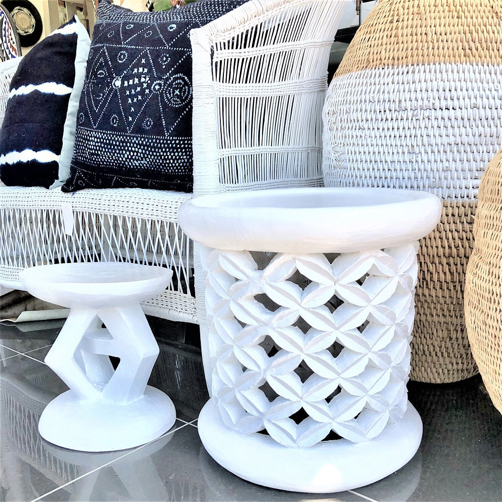 Bamileke Table with Leaf Design in White