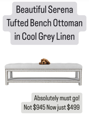 Serena Tufted Bench Ottoman in Cool Grey Linen - Clearance