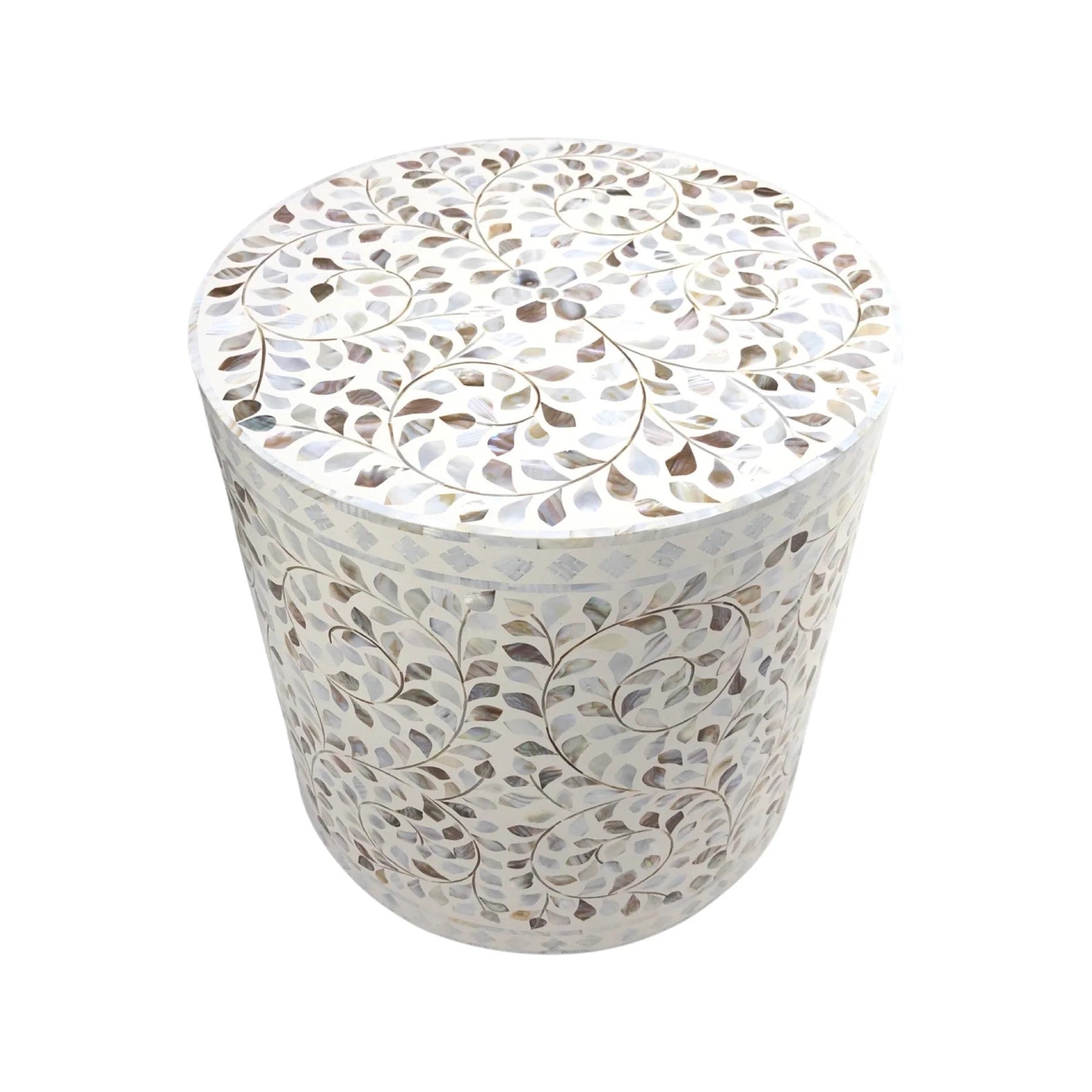 Mother of Pearl Inlay Round Side Table/Stool In White