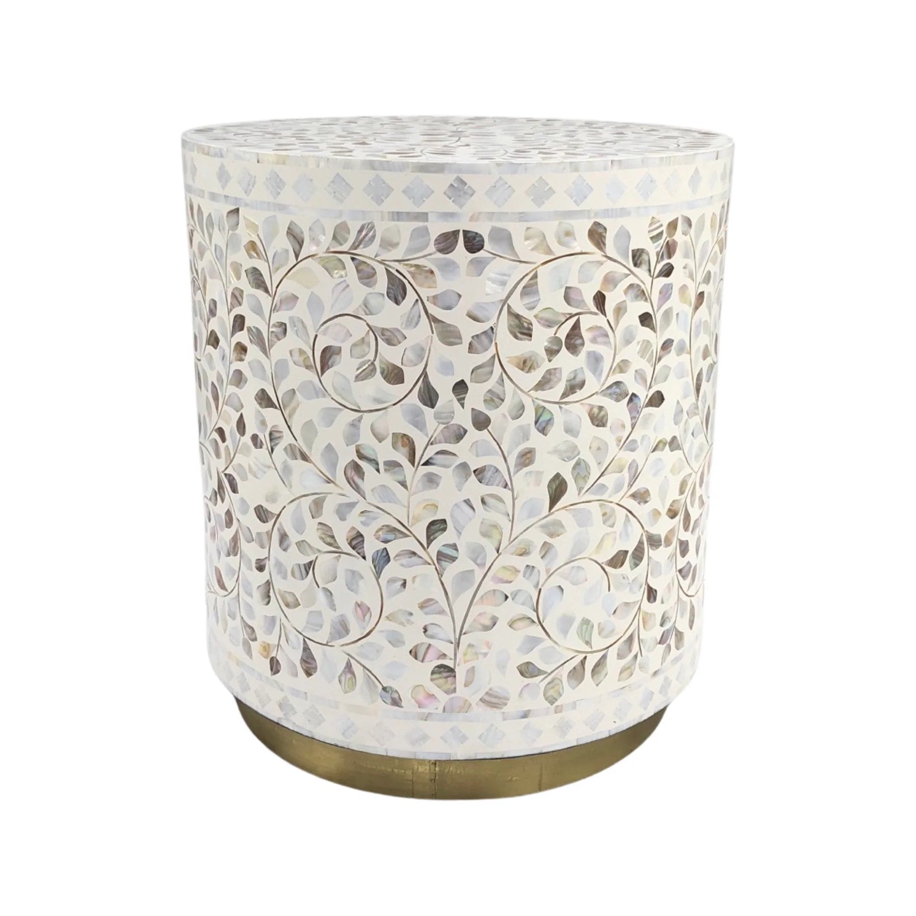 Mother of Pearl Inlay Round Side Table/Stool In White