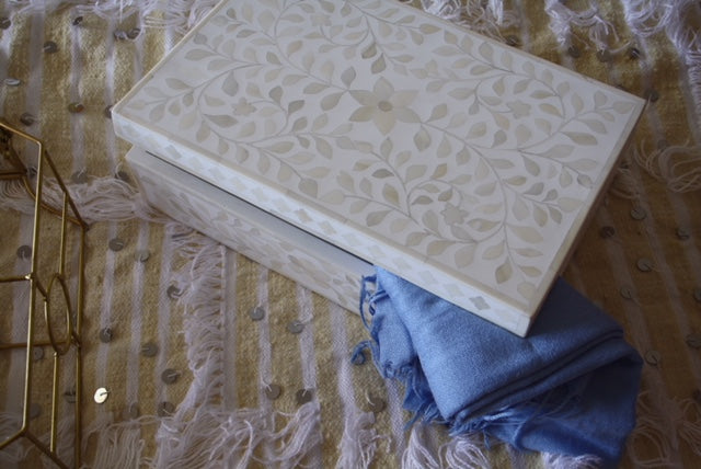 Zohi Interiors Signature Collection : Bone Inlay Large Box in Floral/White