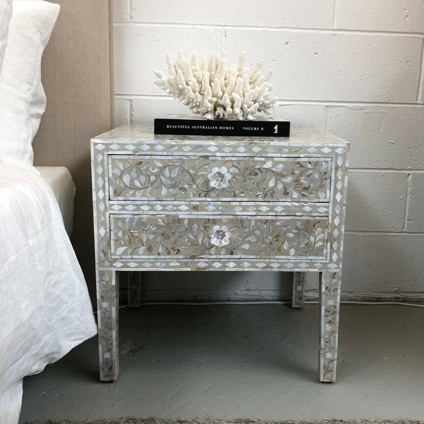 Mother of Pearl Inlay Bedside Table with 2 Drawers in Grey