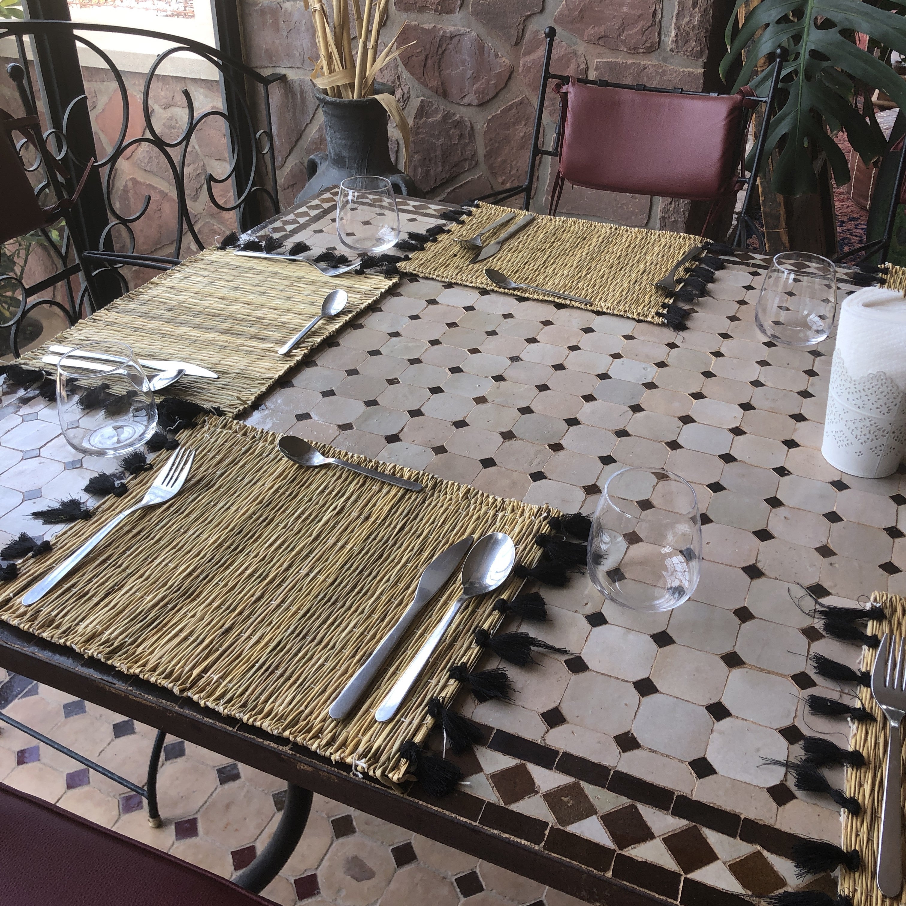 Handmade Marrakech Cotton & Raffia Placemat with Hot Pink Tassels