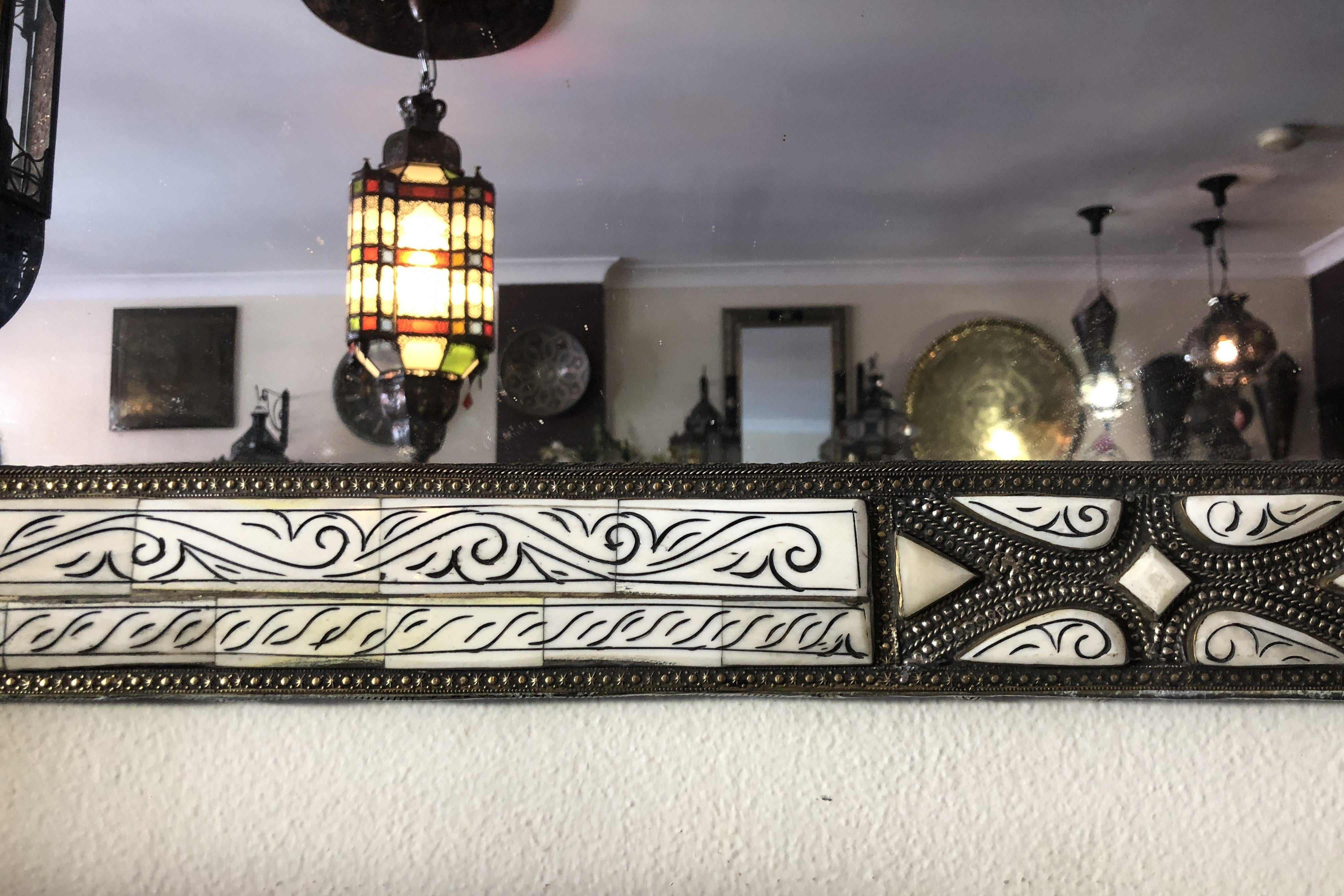 Traditional Moroccan Rectangular Mirror with Bone Inlay & Inked Decor