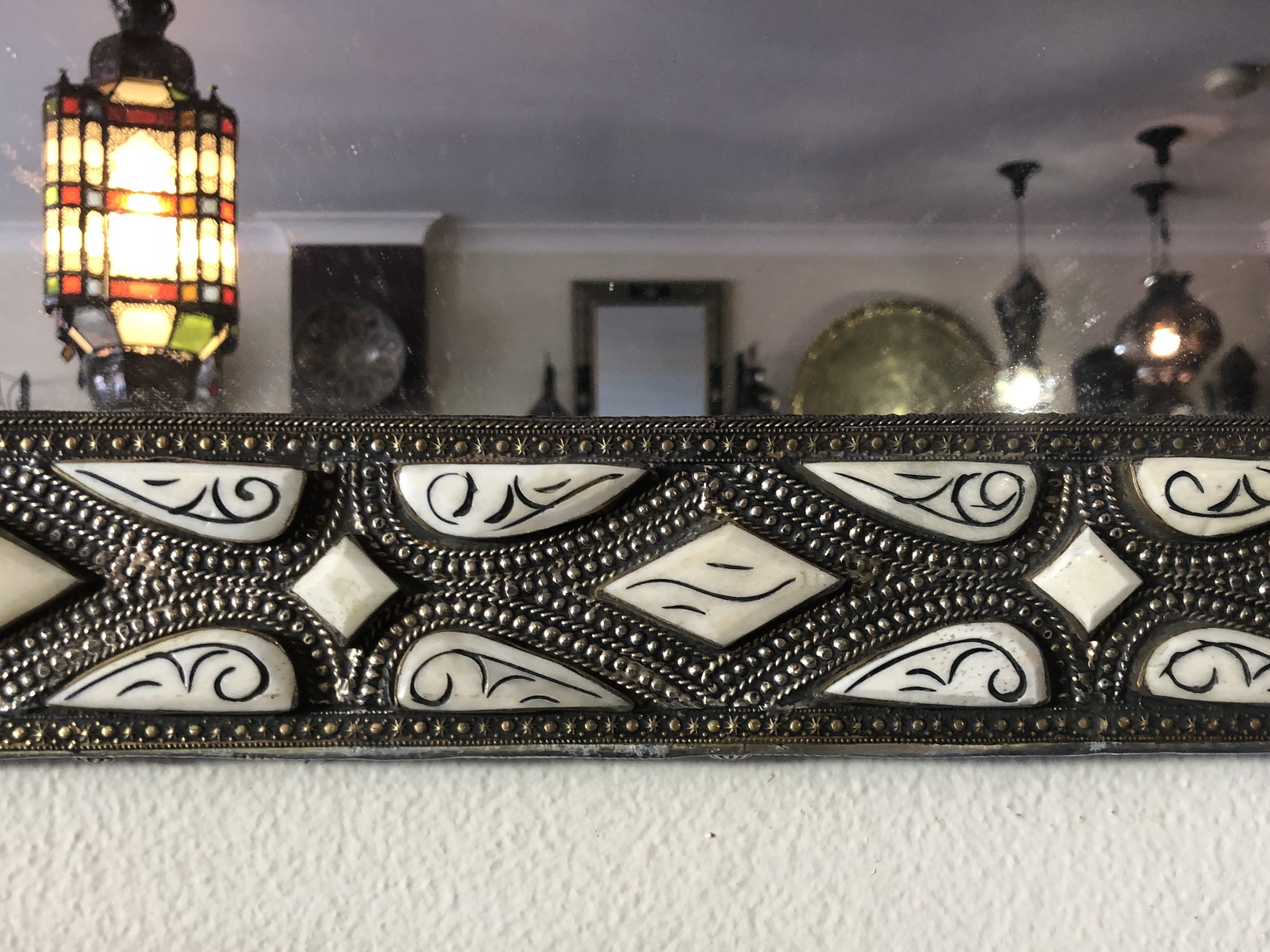 Traditional Moroccan Rectangular Mirror with Bone Inlay & Inked Decor