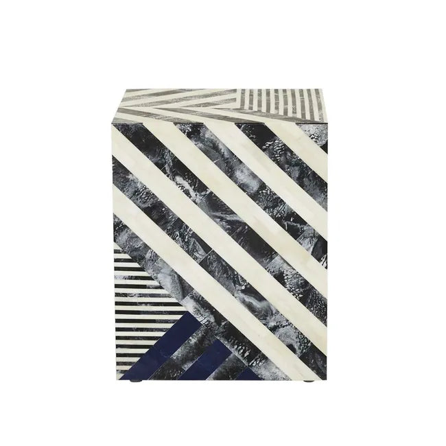 Bone Inlay Chevron Side Table in Navy
