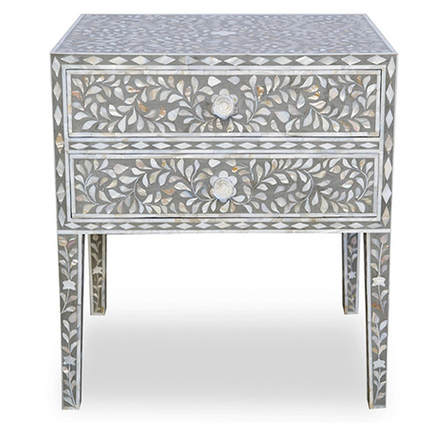 Mother of Pearl Inlay Bedside Table with 2 Drawers in Grey