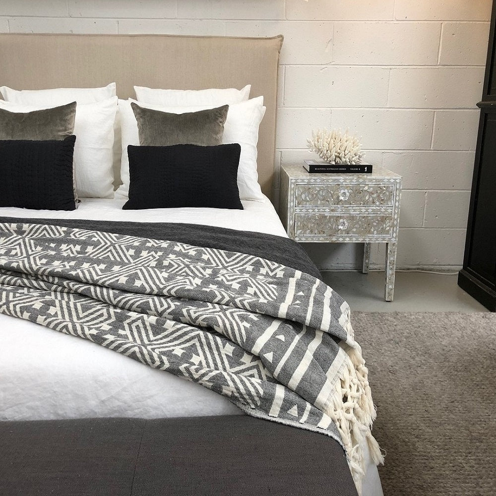 Mother of Pearl Inlay Bedside Table with 2 Drawers in Grey