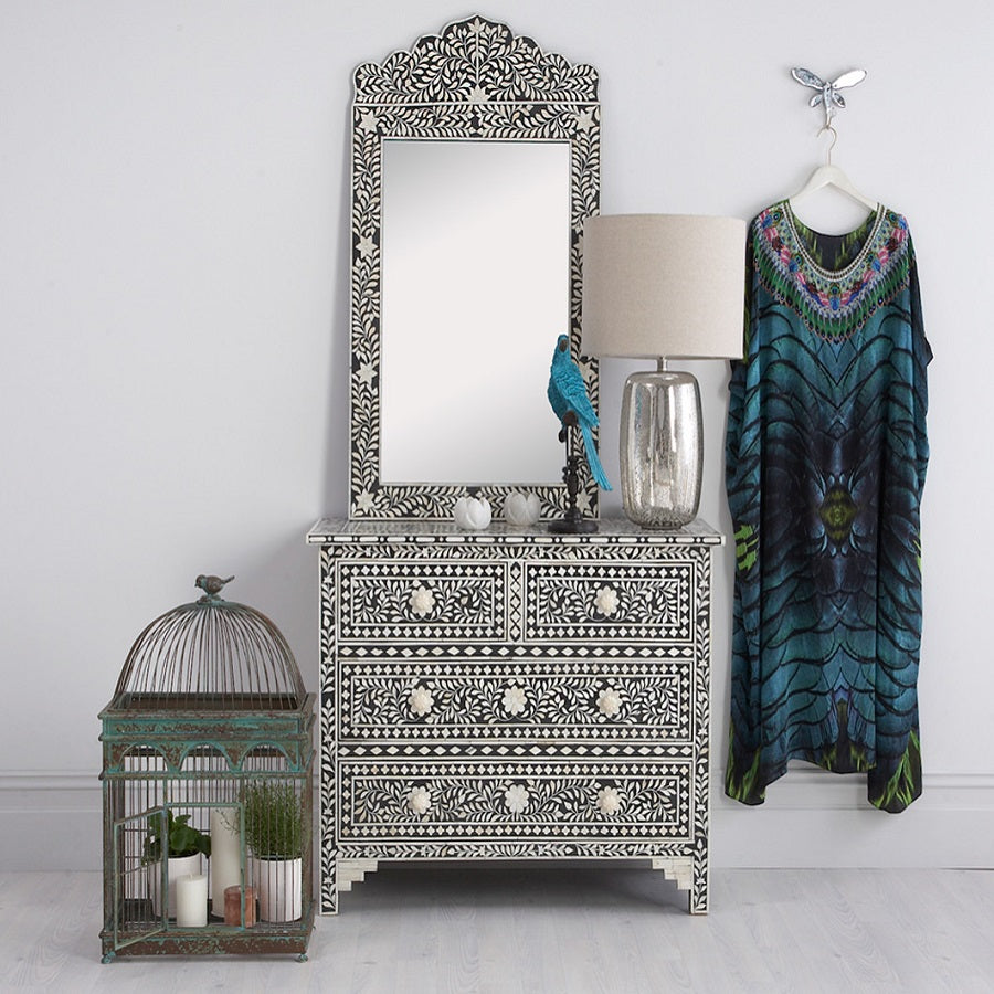 Bone Inlay Crested Mirror in Black