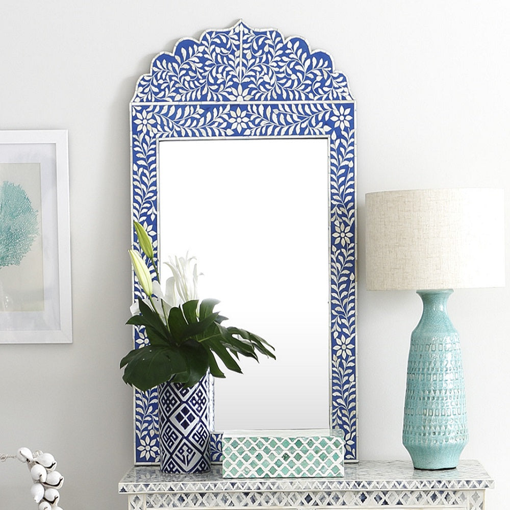 Bone Inlay Crested Mirror in Indigo