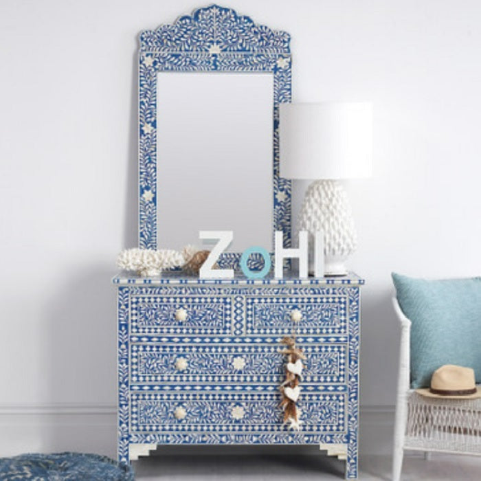 Bone Inlay Crested Mirror in Indigo