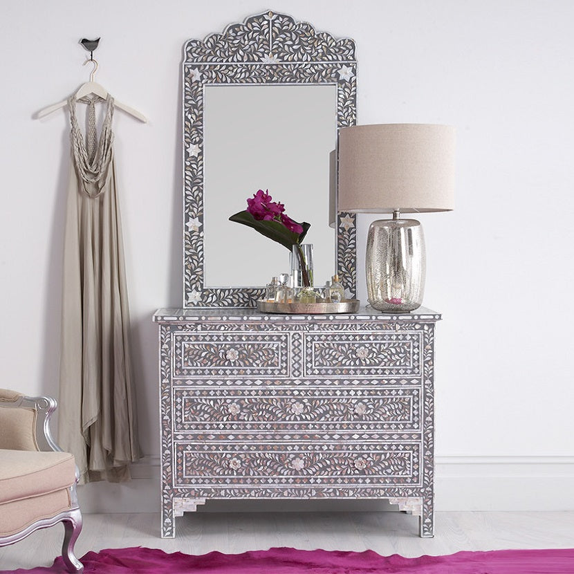 Mother of Pearl Inlay Crested Mirror in Grey
