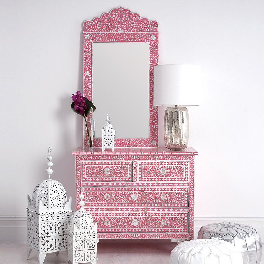 Mother of Pearl Inlay Crested Mirror in Strawberry