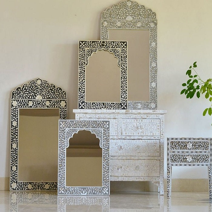 Bone Inlay Arch Jarokha Mirror in Grey