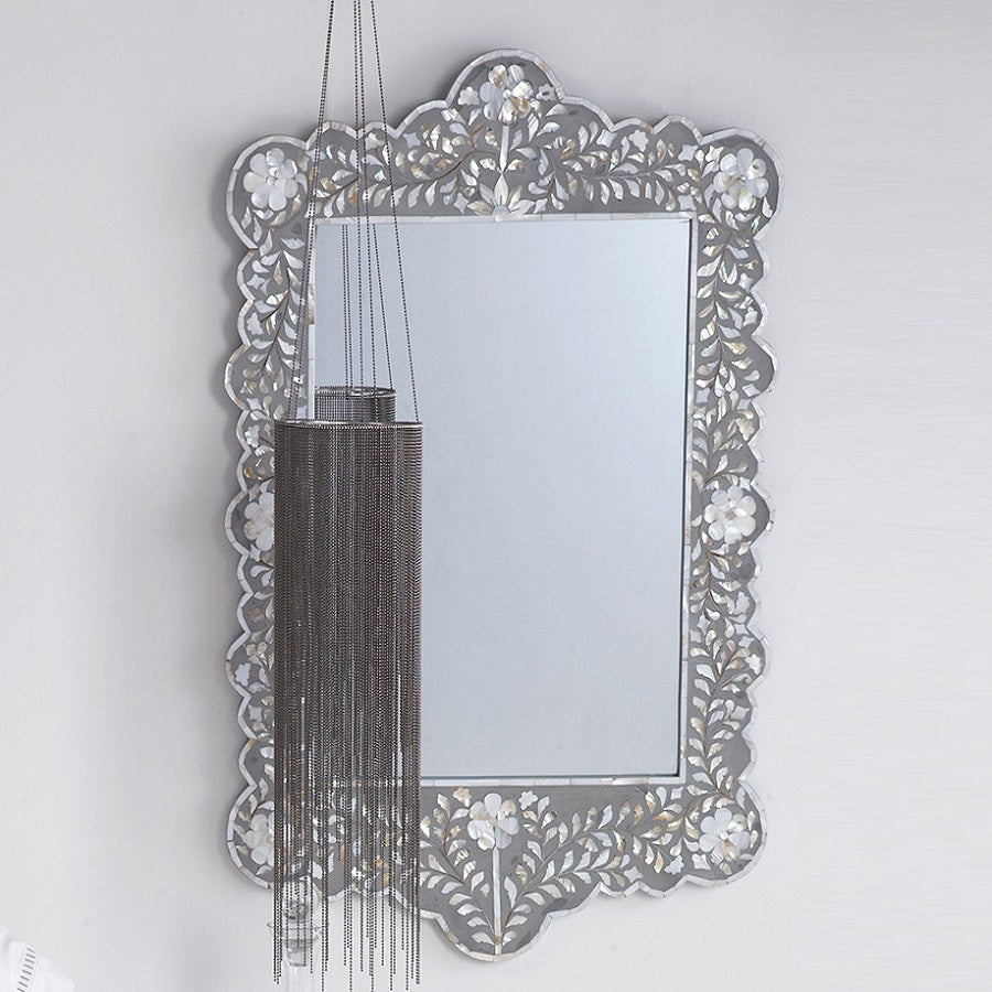 Mother of Pearl Inlay Scalloped Mirror in White