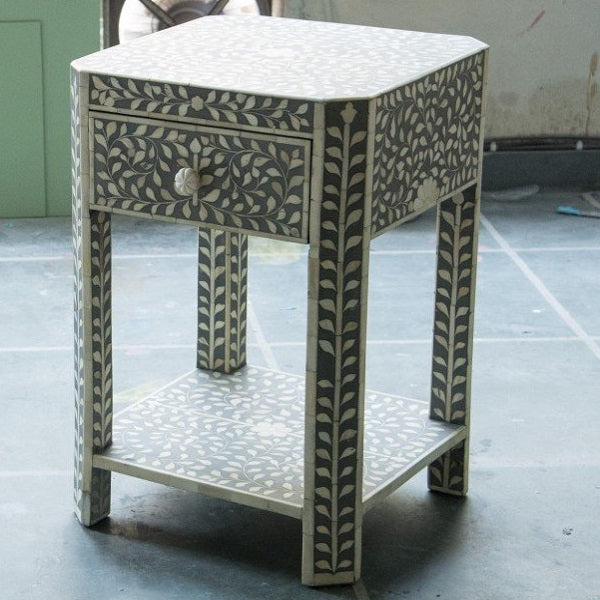 Mother of Pearl Inlay Bedside Table with 2 Drawers in Dove Grey