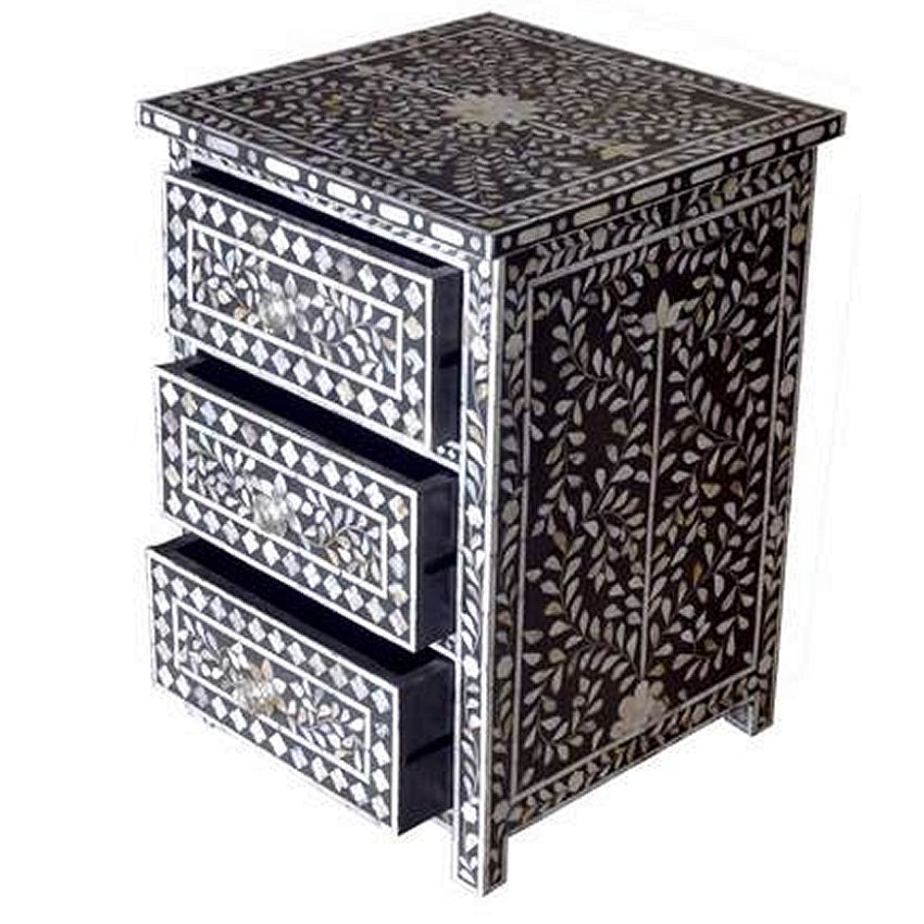 Mother of Pearl Inlay 3 Drawer Chest in Grey