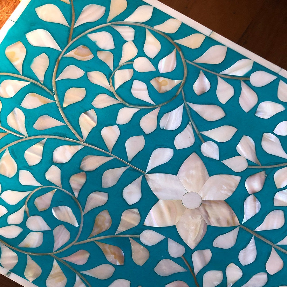 Zohi Interiors Signature Collection : Mother of Pearl Inlay Large Box in Floral/Turquoise