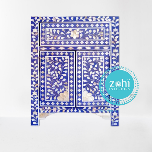 Mother of Pearl Inlay  Bedside Cabinet in Floral/Blue
