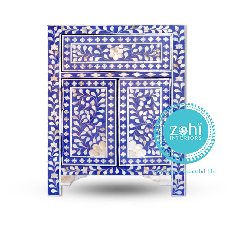 Mother of Pearl Inlay  Bedside Cabinet in Floral/Blue