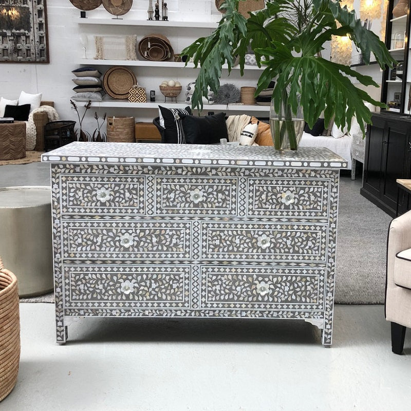 Mother of Pearl Inlay 7 Drawer Chest in Grey