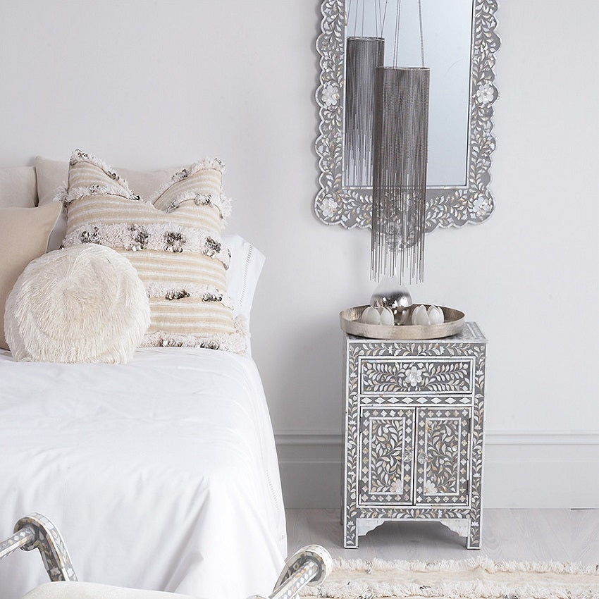 Mother of Pearl Inlay Bedside Cabinet in Grey
