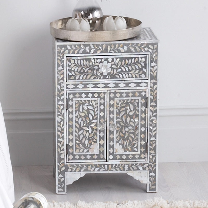 Mother of Pearl Inlay Bedside Cabinet in Grey