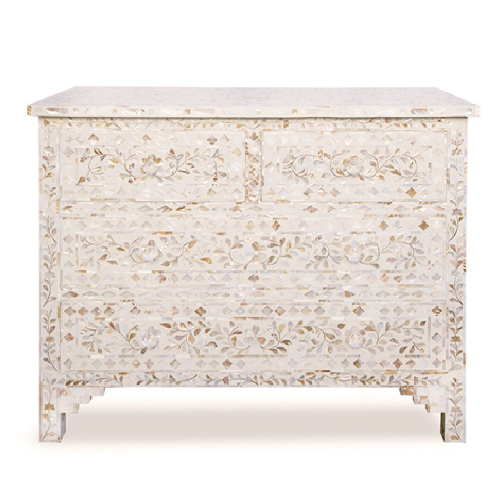 Mother of Pearl Inlay 4 Drawer Chest in White