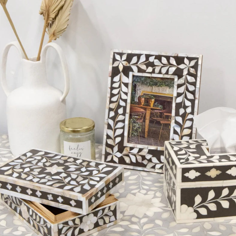 Mother of Pearl Inlay Floral Frame  in Charcoal Brown