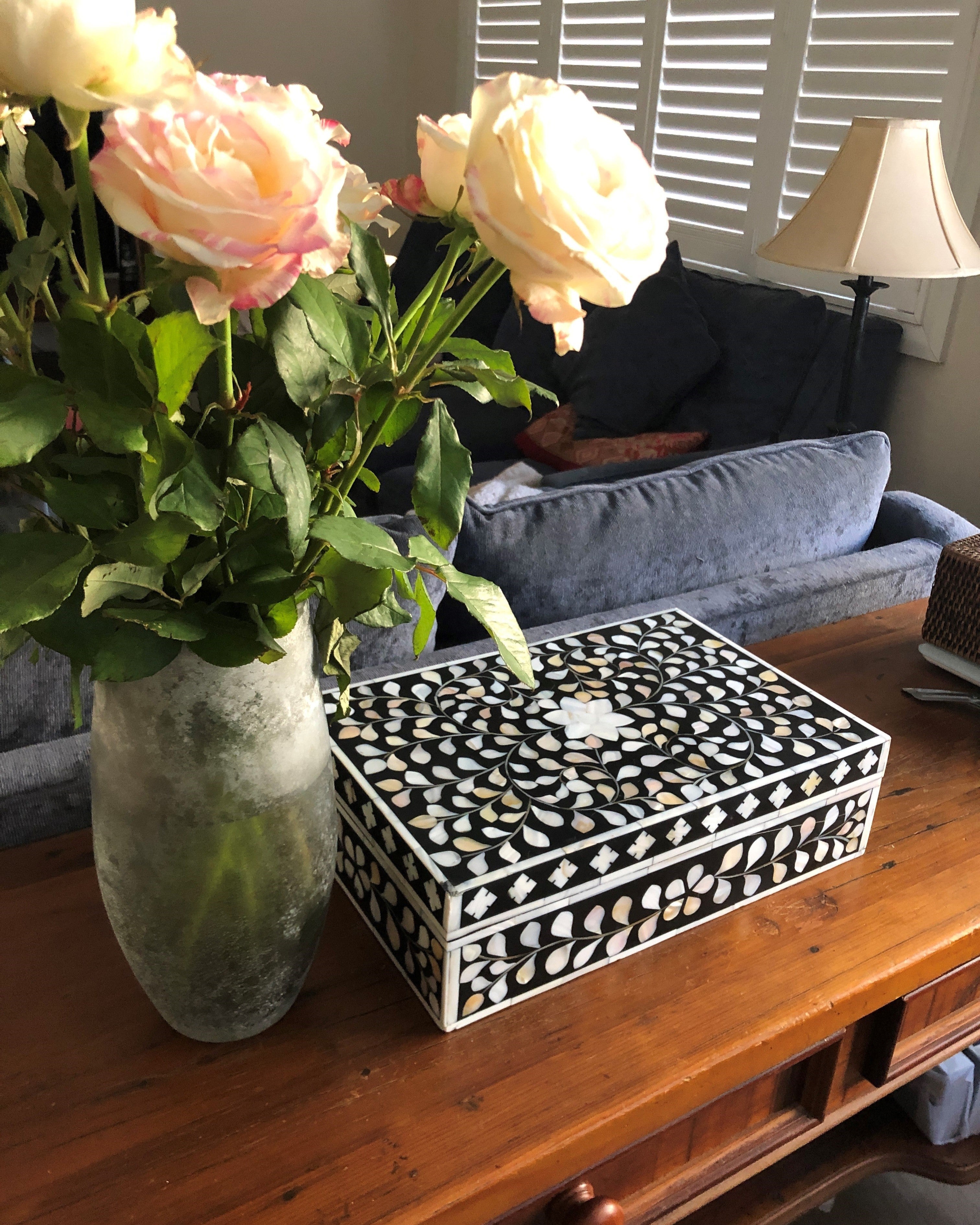 Zohi Interiors Signature Collection : Mother of Pearl Inlay Large Box in Floral/Grey