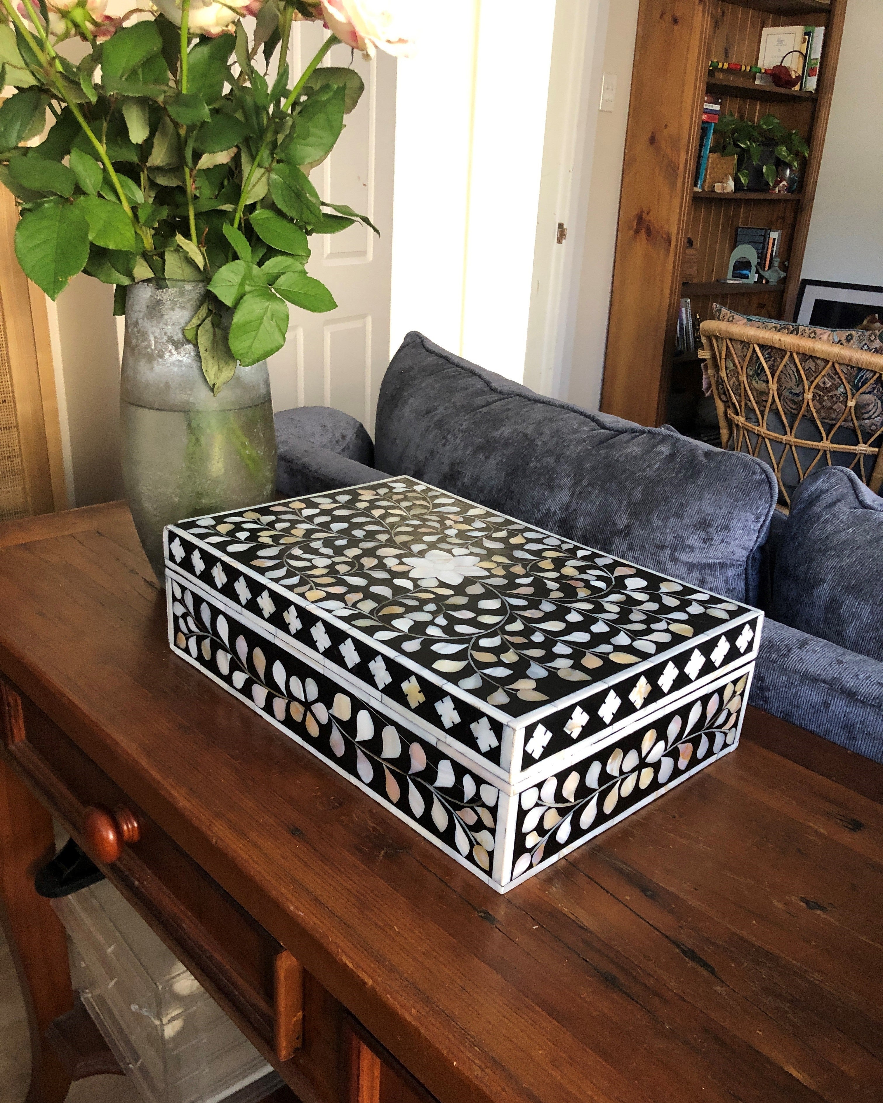 Zohi Interiors Signature Collection : Mother of Pearl Inlay Large Box in Floral/Grey