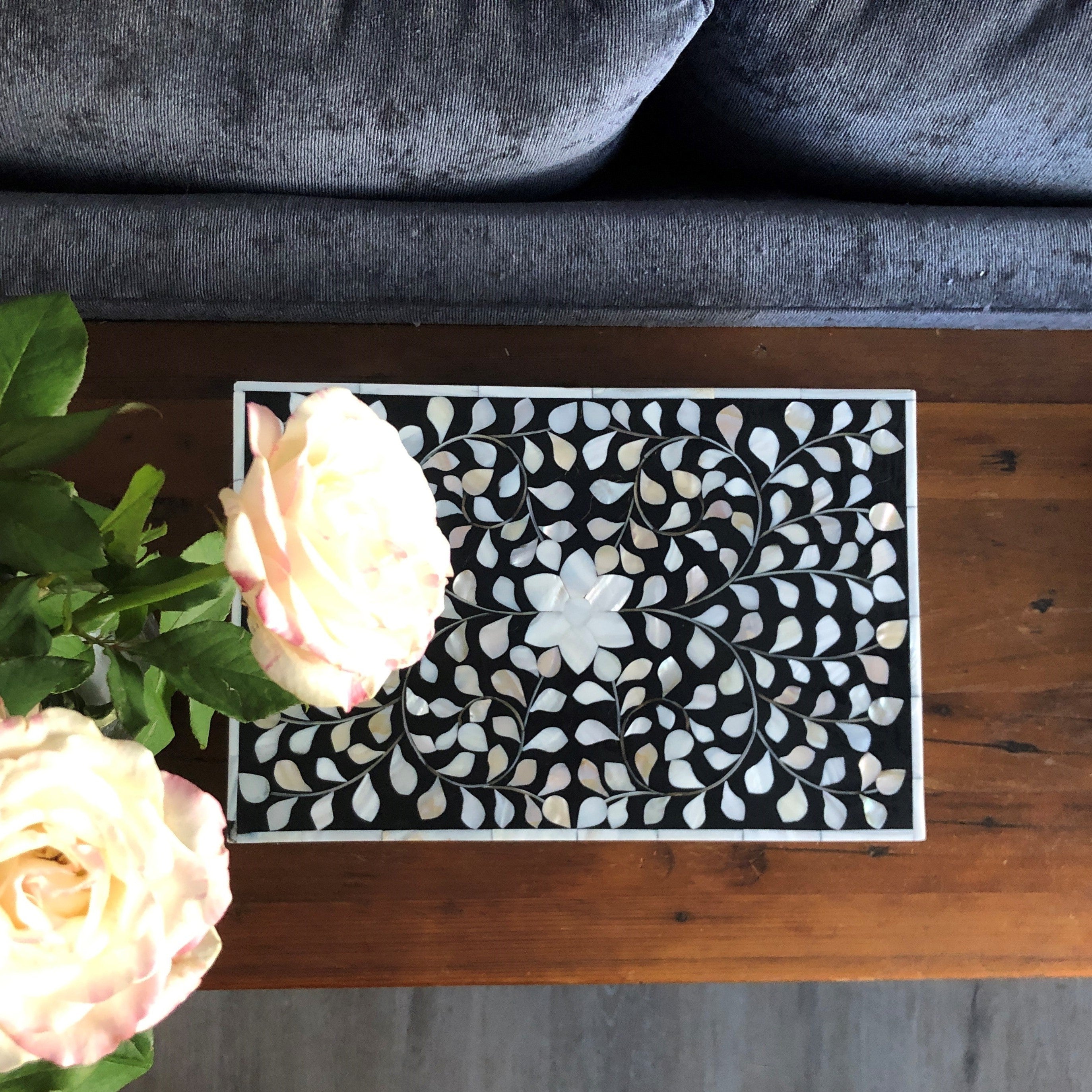 Zohi Interiors Signature Collection : Mother of Pearl Inlay Large Box in Floral/Grey