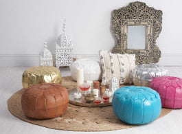Moroccan Leather Pouffe in Turquoise