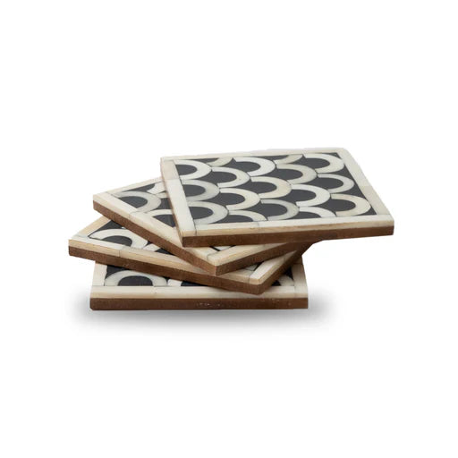 Bone Inlay Coasters with Holder in Black