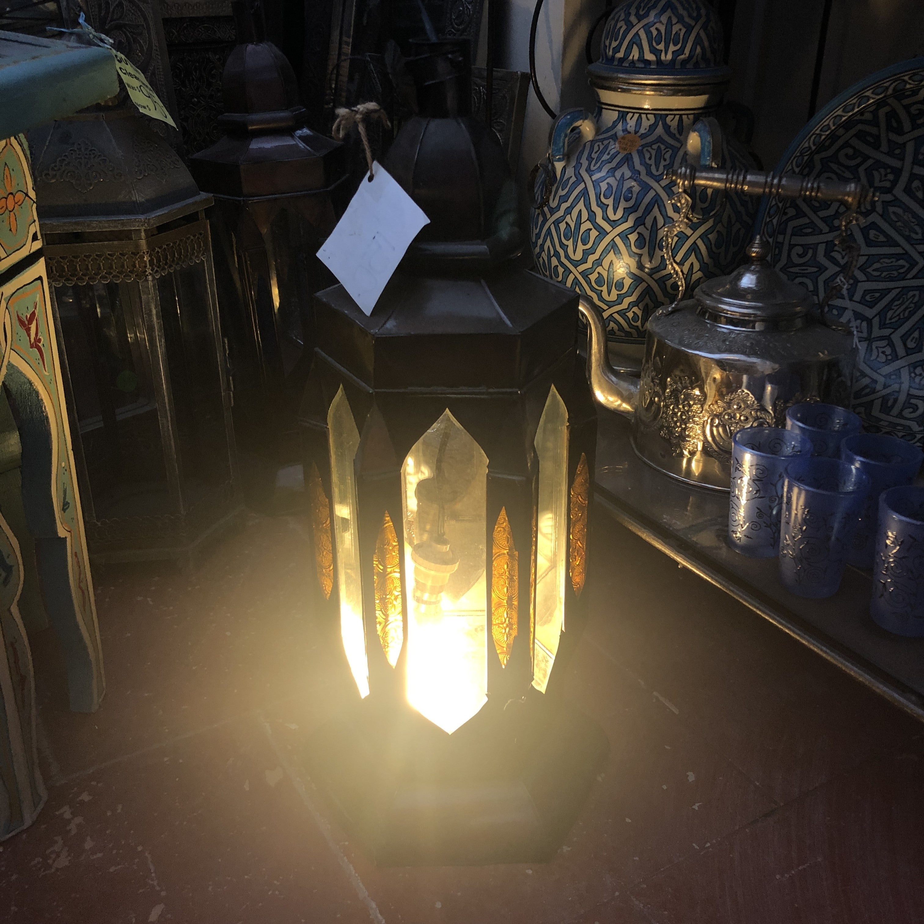 Tangier Standing/Hanging Lantern with Gold Glass Panels