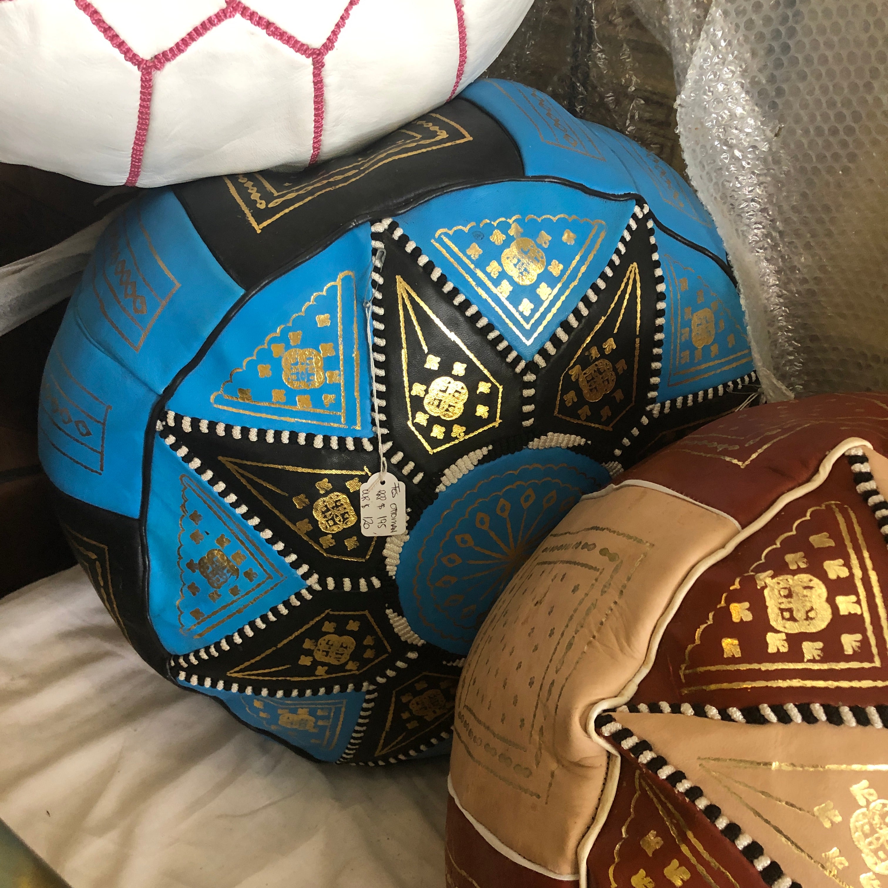 Moroccan Leather Pouffe in Blue & Black