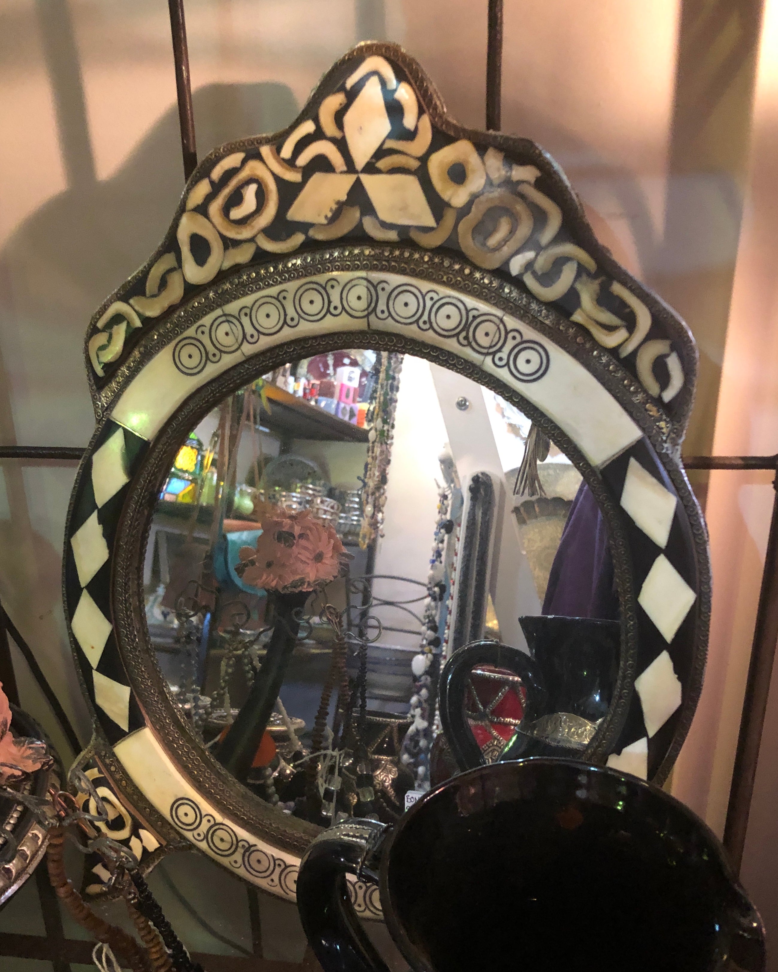 Small Moroccan Crested Mirror with Bone Inlay