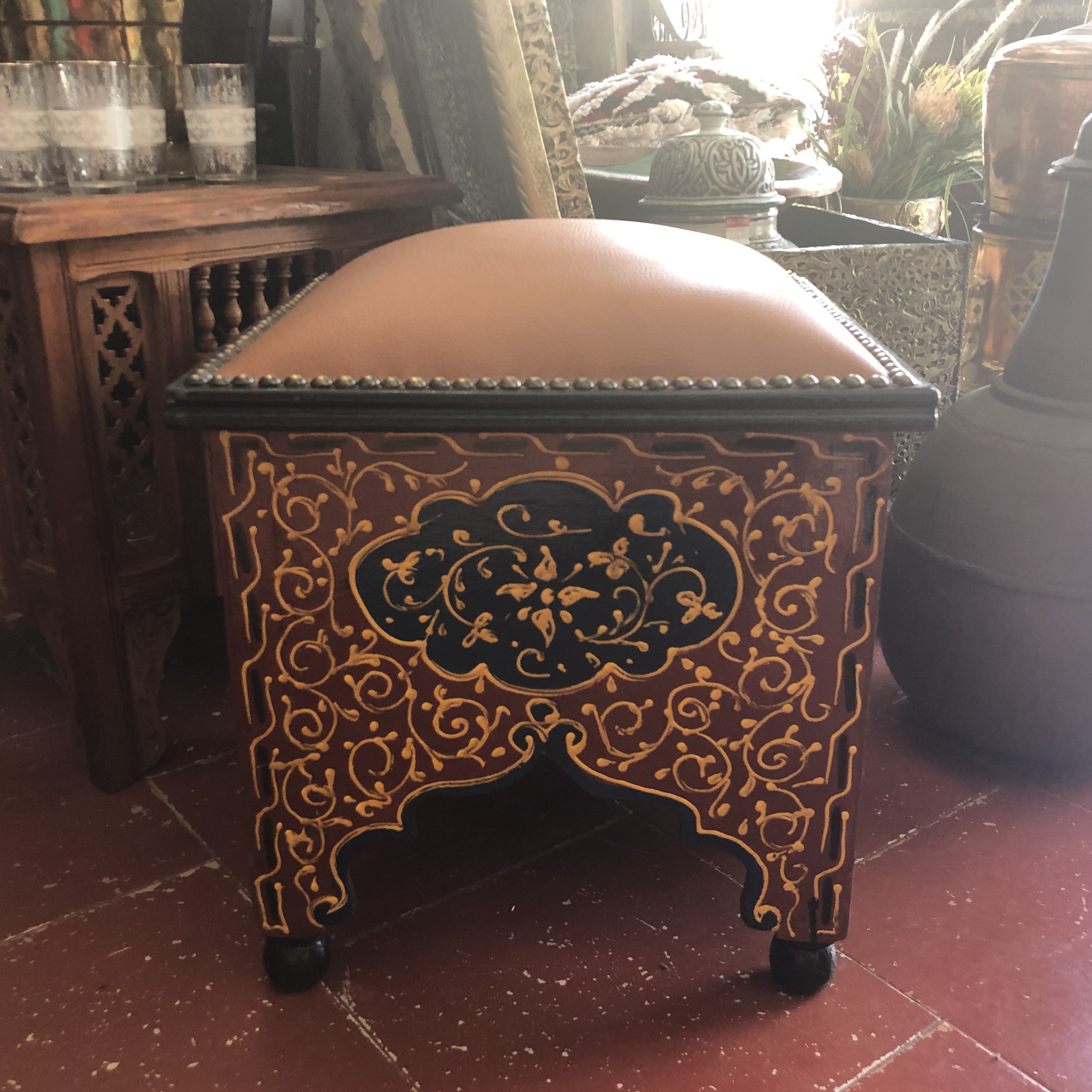 Moroccan Square Stools with Leather Pad