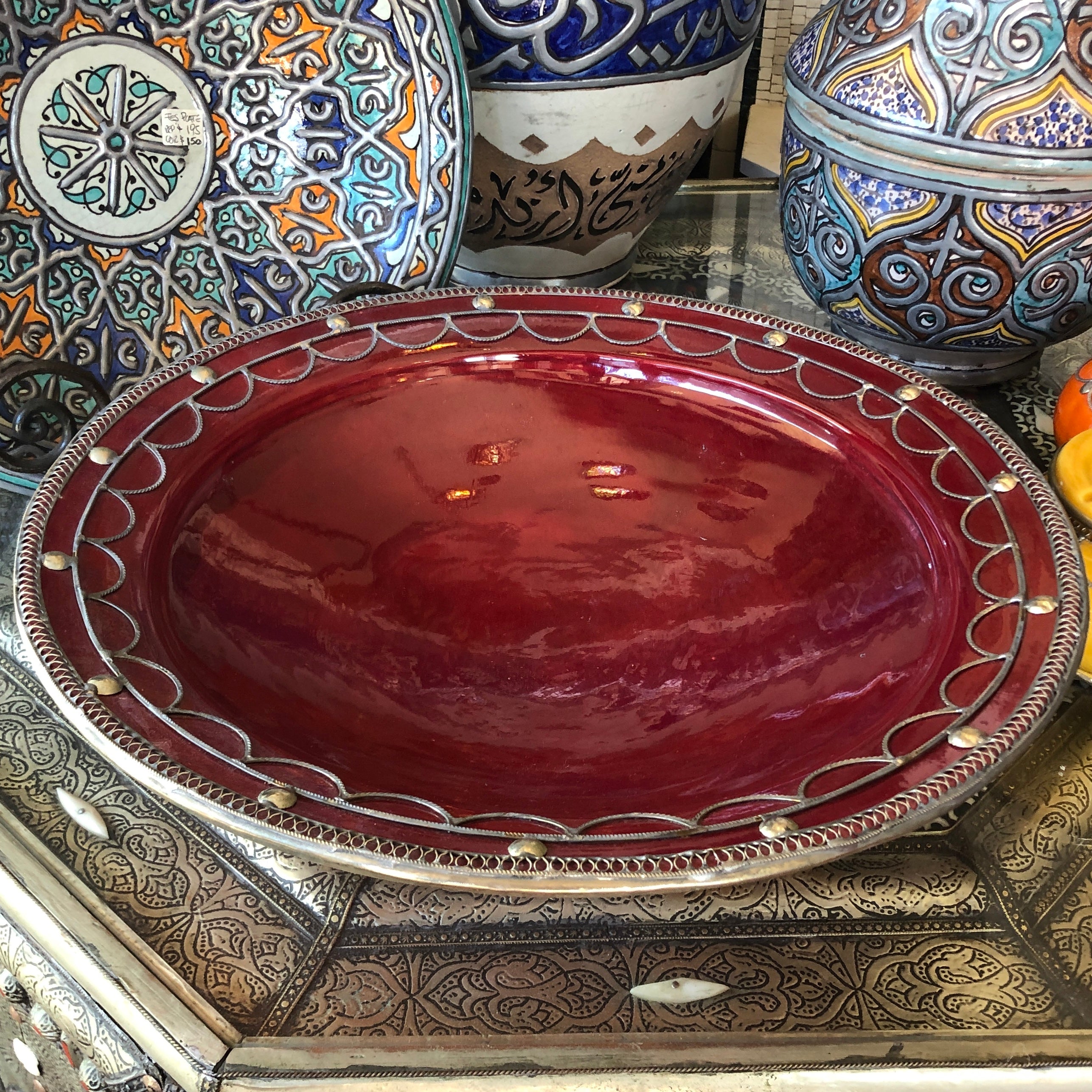 Safi Large Shallow Bowl with Silver Nickel Embellishments in Red