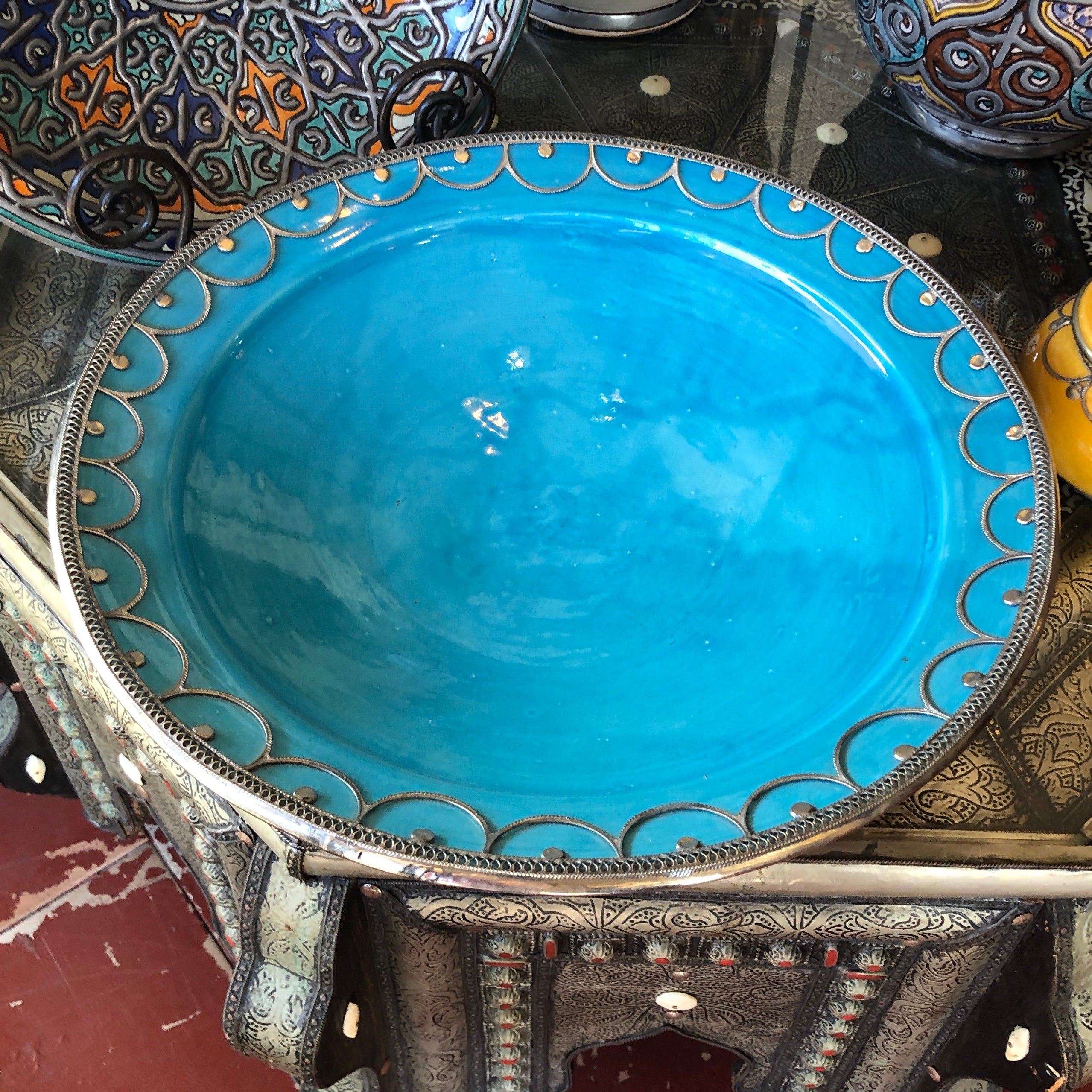 Safi Large Shallow Bowl with Silver Nickel Embellishments in Turquoise
