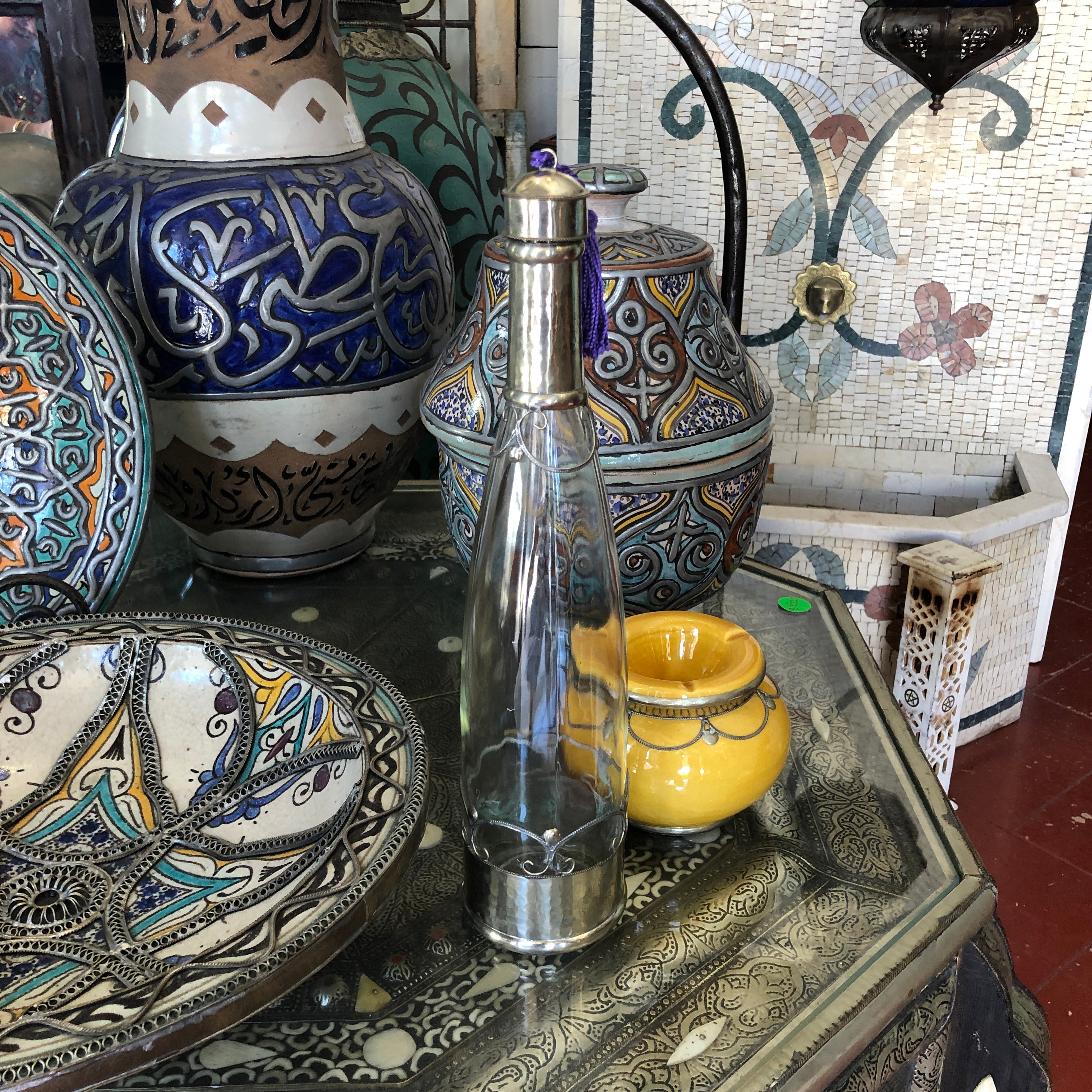 Moroccan Glass Bottle with Silver Embellishment