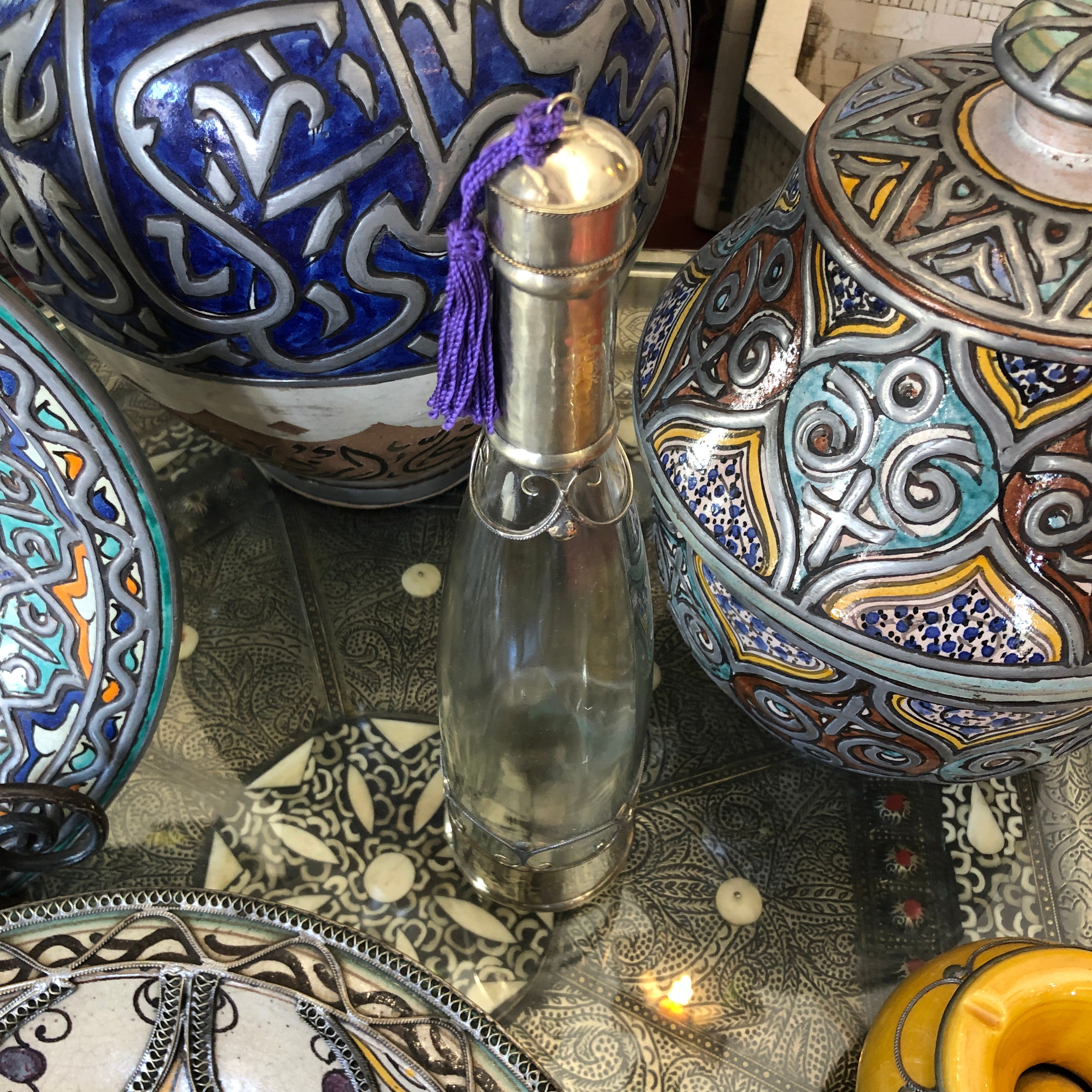 Moroccan Glass Bottle with Silver Embellishment