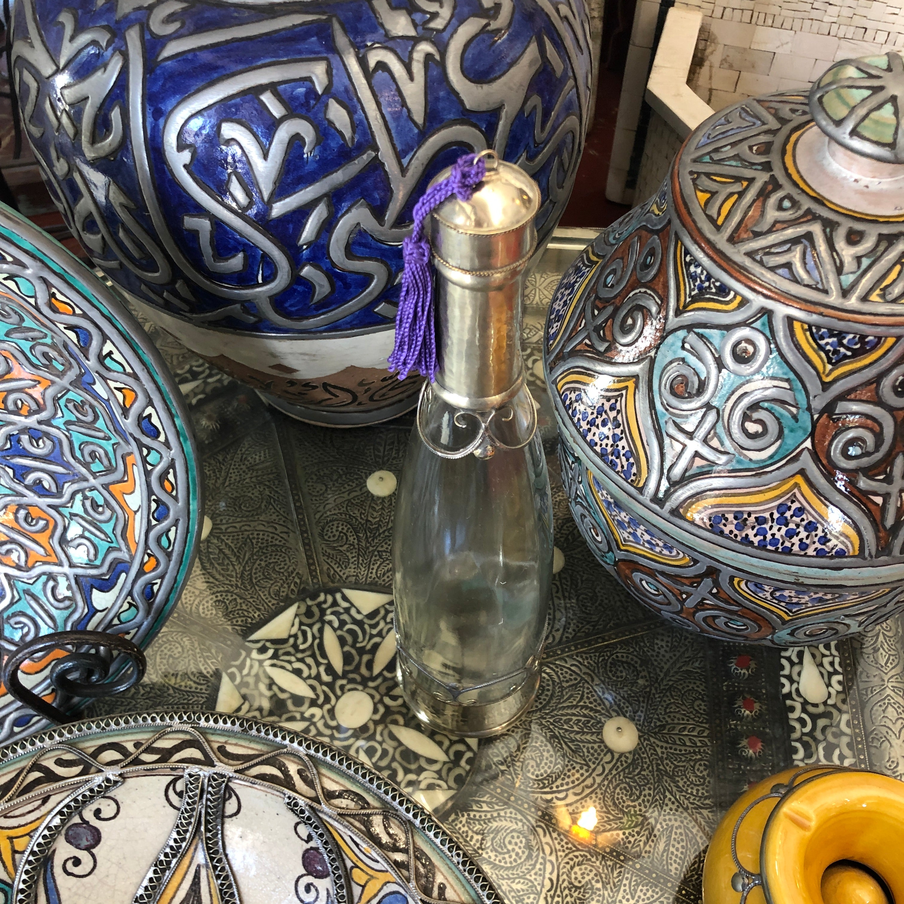 Moroccan Glass Bottle with Silver Embellishment