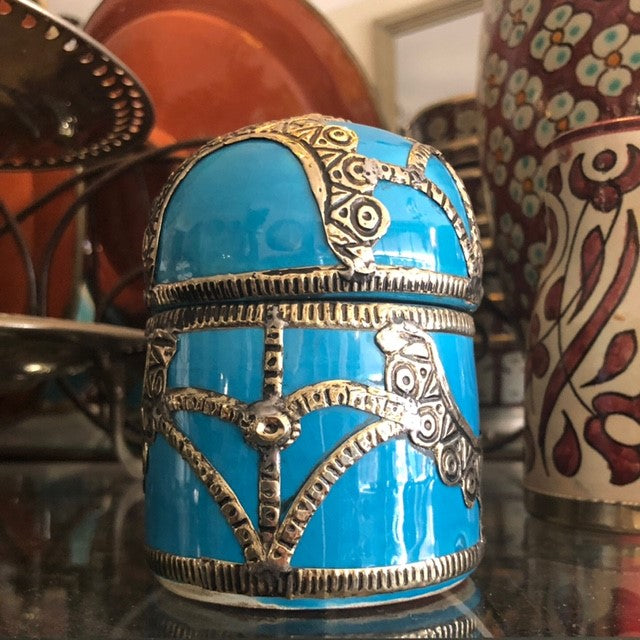 Safi Box with Rounded Lid with Silver Nickel Embellishments in Turquoise
