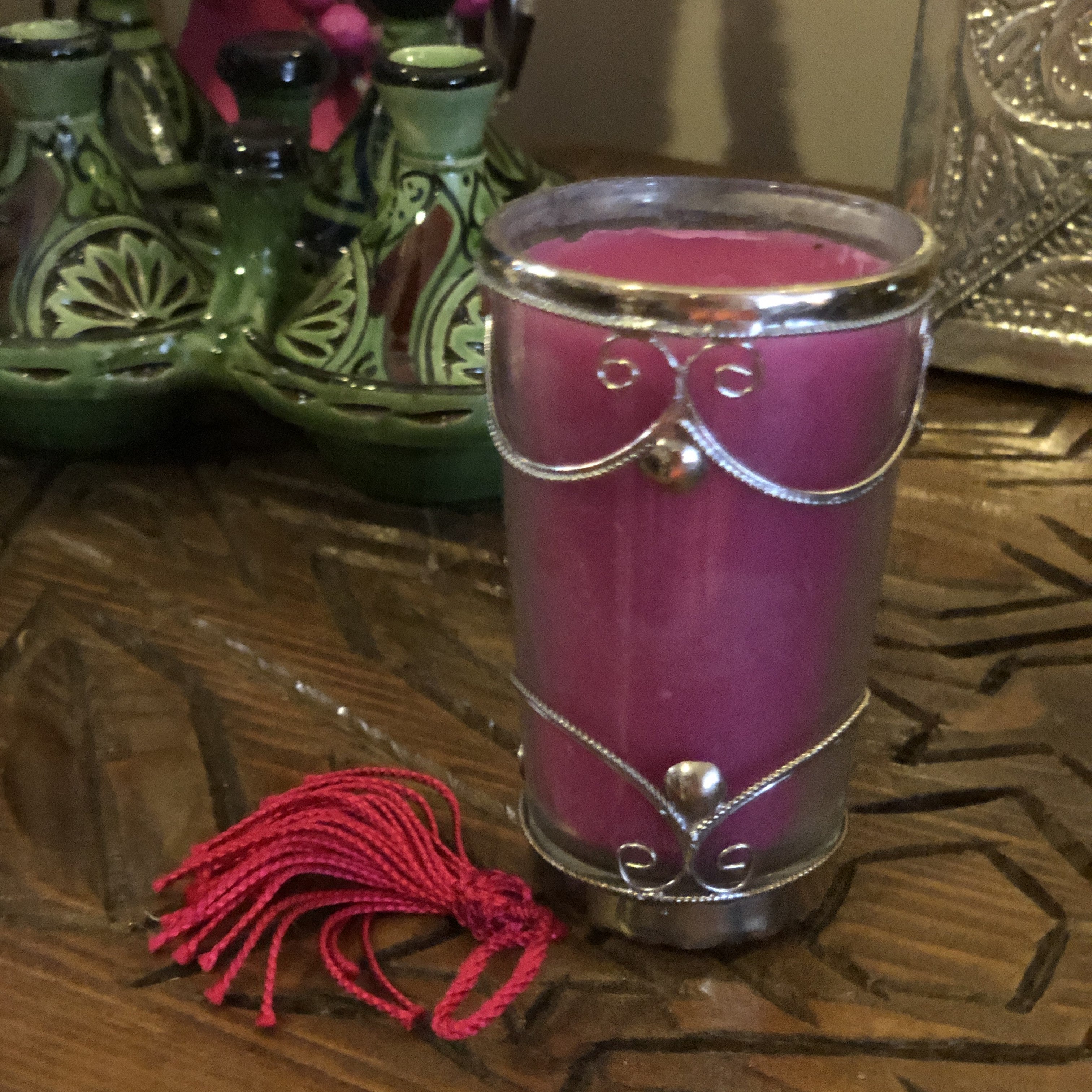 Glass Candle with Tassel and Silver Embellishments - Pair