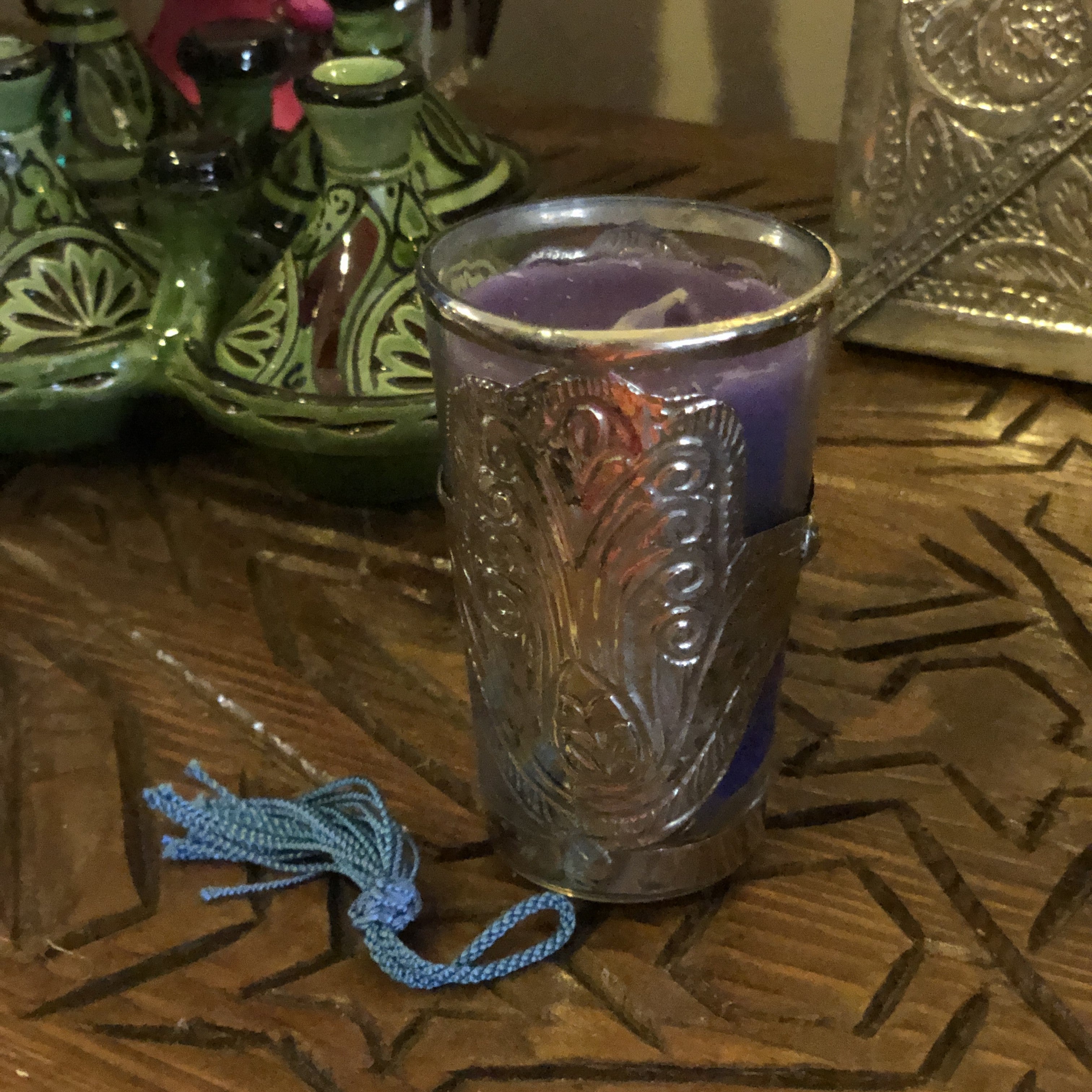 Glass Candle with Tassel and Silver Embellishments - Pair